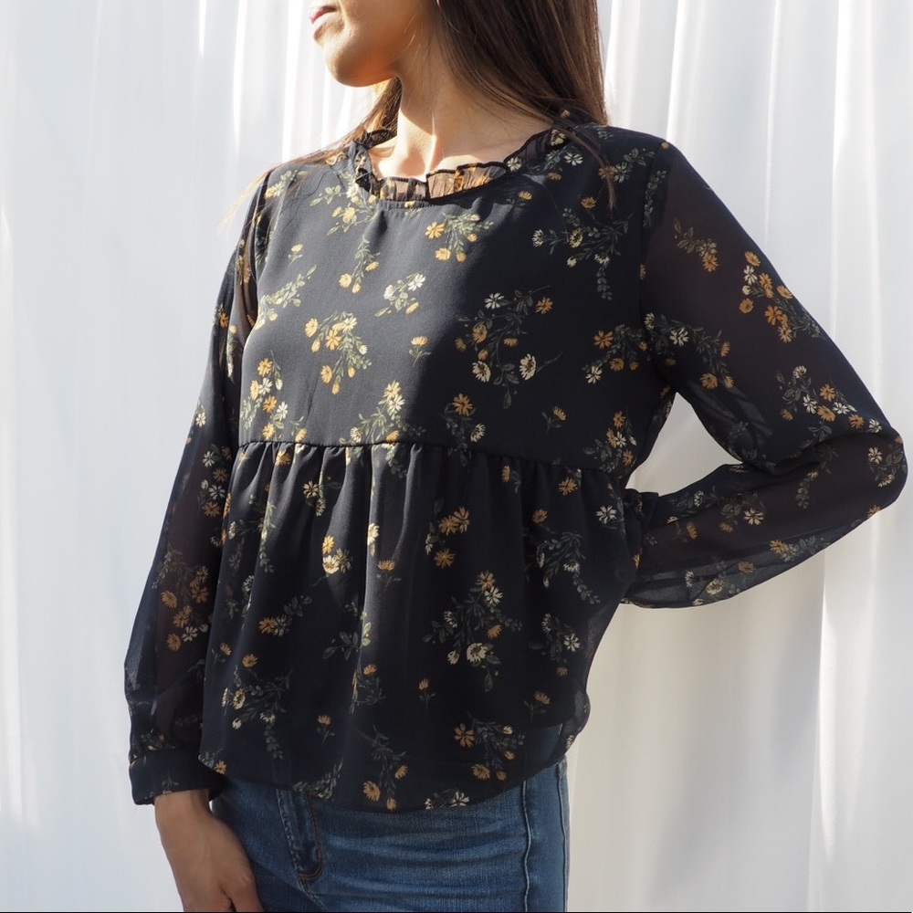 Sheer Floral Long Sleeve Peasant Blouse